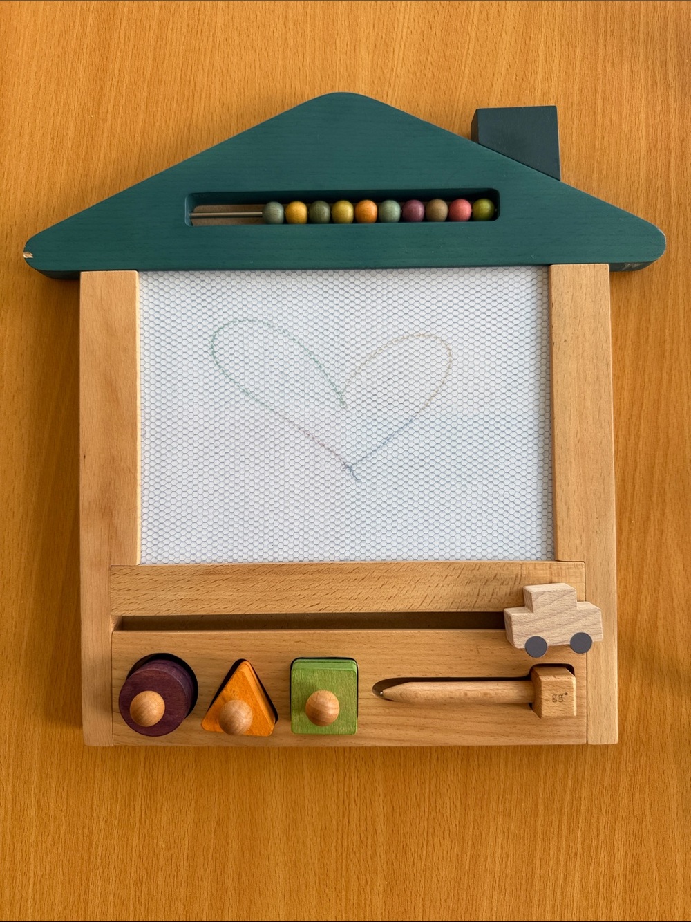 Kiko + gg Wooden House Magnetic Drawing Board with Beads and Shape Sorter, GUC